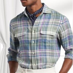 Men’s Ralph Lauren Purple Label Plaid Linen Twill Shirt Size Small